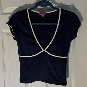 Edikted Navy V-Neck Top with White Trim